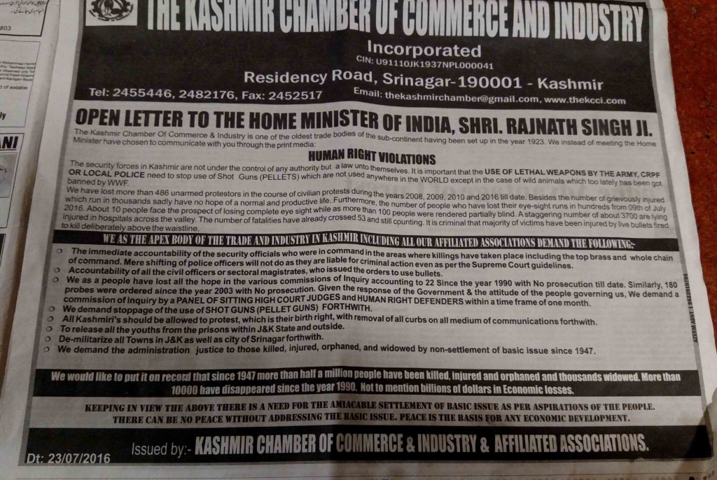 open letter to home minister by Kashmir business community